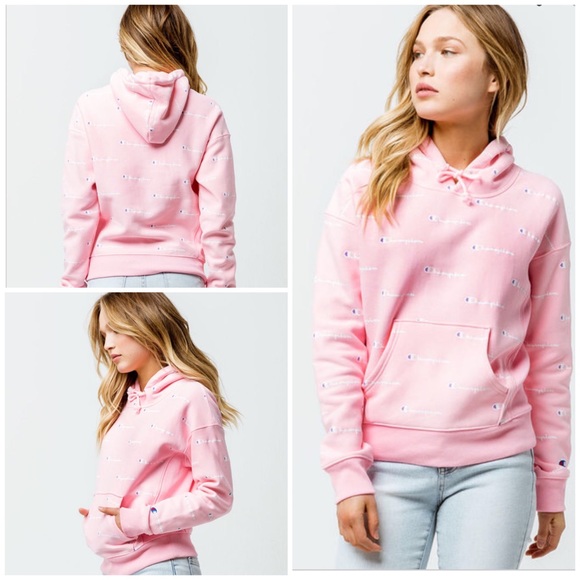 champion reverse weave allover logo pink hoodie